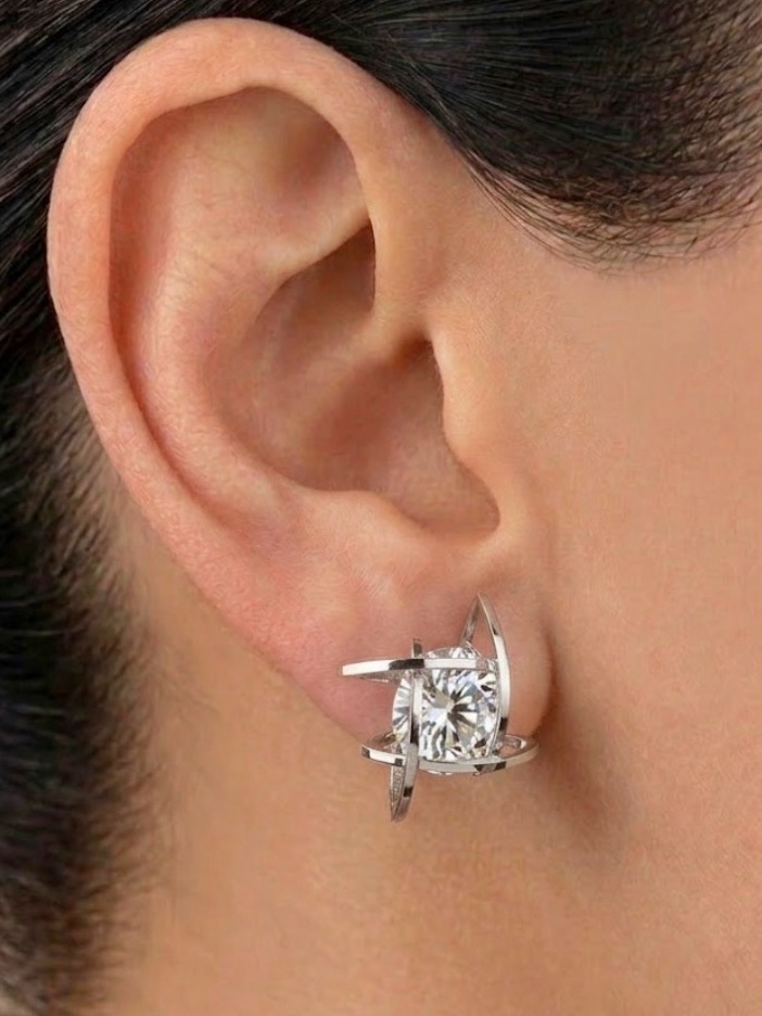 Sparkling Clear Gemstone Silver Tone Pierced Earrings